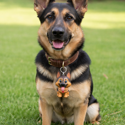 German Shepherd wearing a collar with a dog-shaped tag on grass