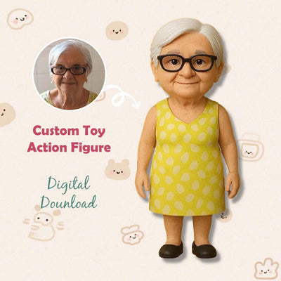 Custom toy action figure of an elderly woman with a yellow dress on a light background.