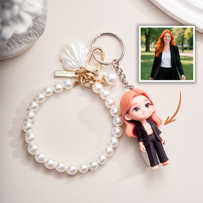 DoDoWish Personalized 3D Keychain from Photo Custom Cartoon Mini Figure Doll Unique Keyring & Creative Gift with Pearl Style Accessory